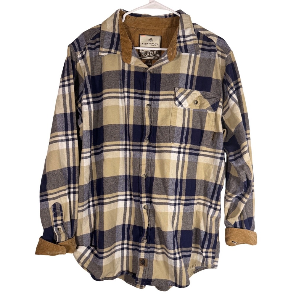 Legendary Whitetails Buck Camp Flannel Shirt Mens Large Navy Tan Plaid Corduroy